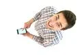 The man with smartphone look to the camera. View from above Photo