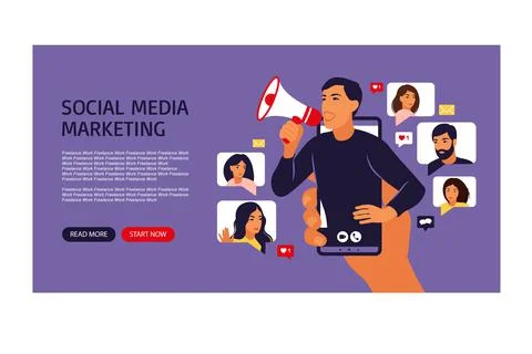 Man in smartphone shouting in loud speaker. Influencer or social marketing ba Stock Illustration