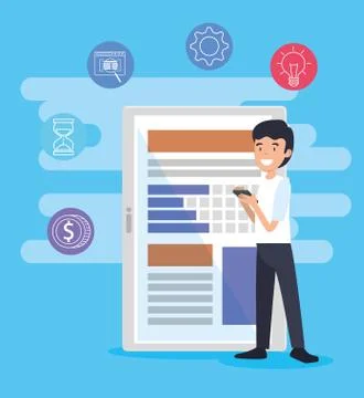 Man with smartphone technology and data document Illustrazione stock