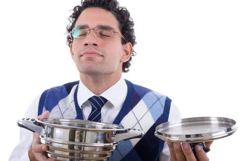 Man smelling lunch from pot Stock Photos