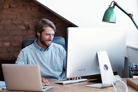 Man, smile and remote work in home office with computer, insurance Stock Photos