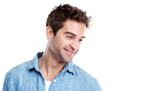 Man, smile and thinking in studio with inspiration, mock up space and memory on  Stock Photos