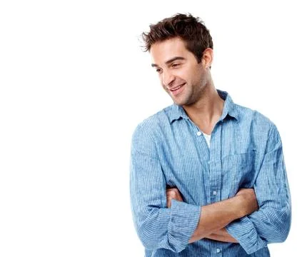 Man, smile and thinking in studio with memory, mock up space and inspiration on  Stock Photos