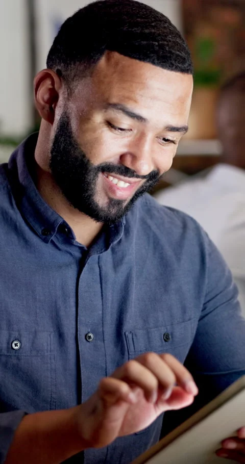 Man, smile and typing in office with tablet, check software or online research Stock Footage 335792291