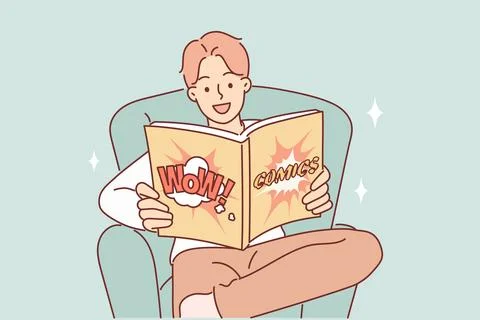 Man with smile on face reads comics about superheroes saving world, sitting in Stock-Illustration