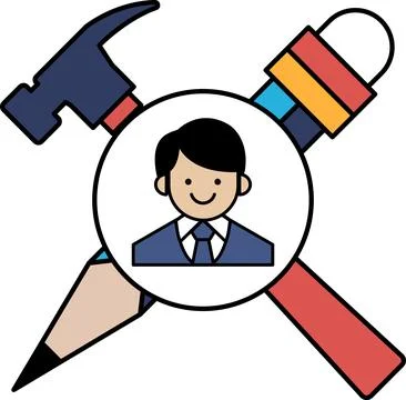 A man with a smile on his face is surrounded by a hammer, a pencil, and a w.. Stock Illustration
