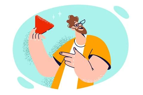 Man with smile points to red triangle symbolizing ban on further movement and イラスト素材