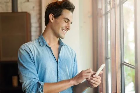 Man Smile Using Smart Phone Call, Communication Stock Photos