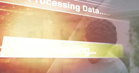Man smiling after pause processing digital data, loading bar sliding then fading Stock Footage 319567607