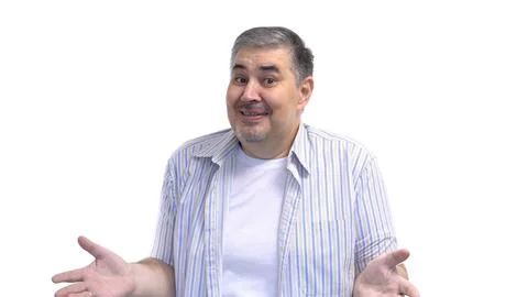Man Smiling and Gesturing "Not My Fault" Fotos Stock