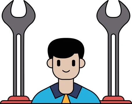 A man is smiling and holding two wrenches Stock Illustration
