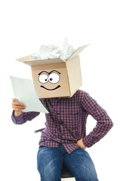 Man with smiling box over his head Stock Photos