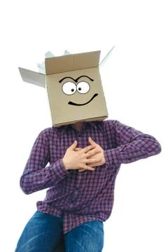Man with smiling box over his head Stock Photos