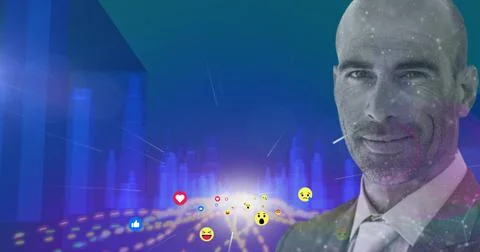 Man smiling over multiple face emojis moving against 3D city model Illustrazione stock