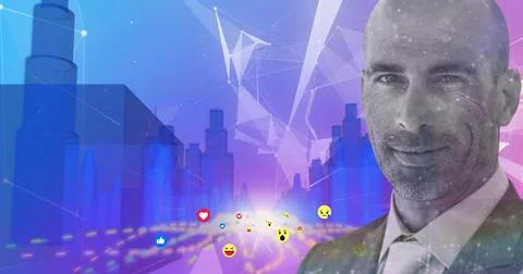 Man smiling over multiple face emojis moving against 3D city model Illustrazione stock