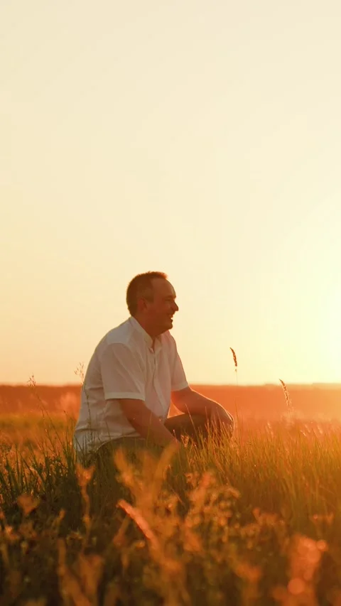 Man smiling resting sitting in grass, happy person on sunny lawn in nature park Stock Footage 305848951