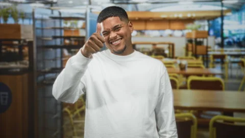 Man smiling with thumbs up gesture in a cafeteria building with wooden tabl.. Stock Footage 339178877