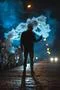 The man smoke electronic cigarette outdoor. Evening night time Photo