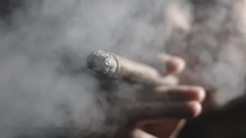 A man smokes a cigar on dark background. Stock Footage 304341237