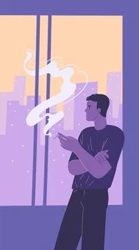 Man smokes a cigarette in the darkness alone standing at a window overlooking Stock Illustration