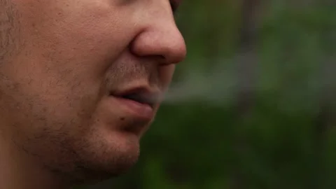 Man smokes a cigarette while standing in the forest Stock Footage 160101233