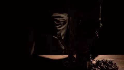 Man smokes using Bong and medical marijuana, cannabis thc flower Close up 스톡 동영상 83047587