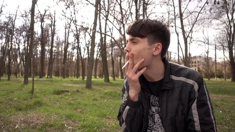 Man Smoking Cigarette sitting at the Spring Park Stock Footage 73834638