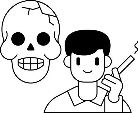 A man is smoking a cigarette while a skull is behind him Stock Illustration