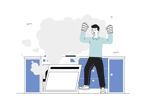 Man with smoking oven. Young guy in protective gloves near burning oven Stock Illustration