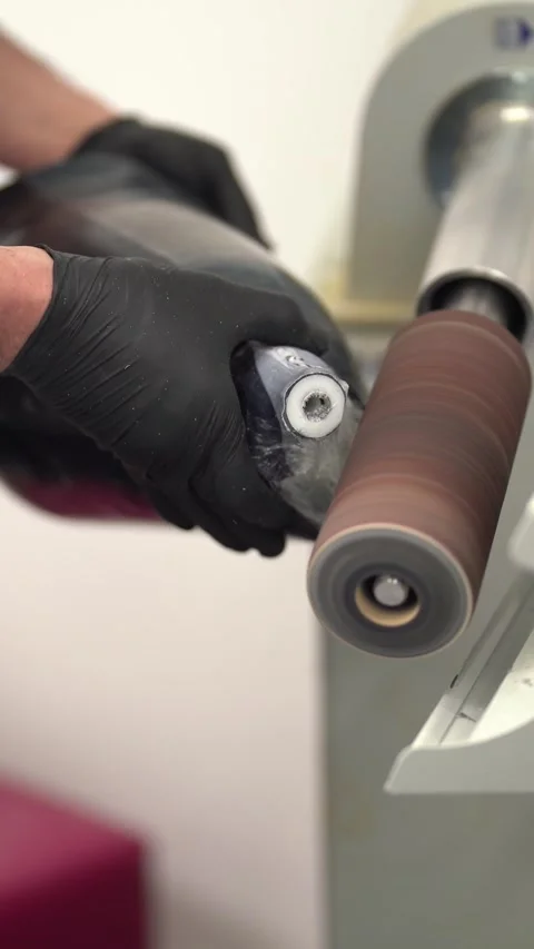 Man smoothing prosthesis with sander in factory. Vertical video Stock Footage 237607883