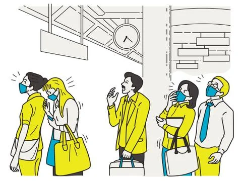 Man sneezing while queing Stock Illustration