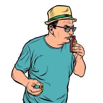 A man sniffs a bottle. perfume or medicine Illustration