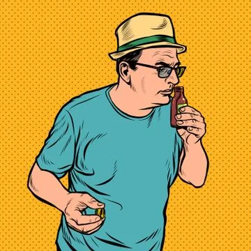 A man sniffs a bottle. perfume or medicine Illustration
