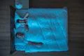 The man snore near the woman on the bed. night time. view from above Photo