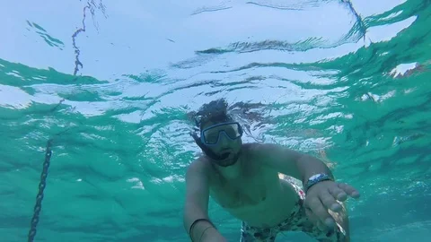 A man with snorkel, mask and flippers swimming in beautiful turquoise sea, go Vídeos de archivo 84483997