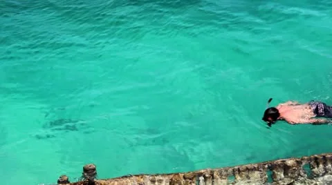 Man Snorkeling Along Wall Stock Footage 12015503