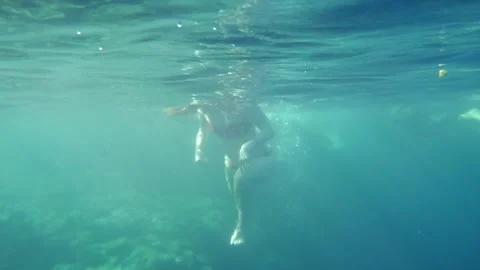 Man snorkeling underwater and exploring coral reef in Budva Montenegro Stock Footage 339069404