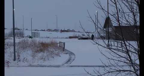 Man with snowblower clearing snow after snowstorm Stock Footage 326176676