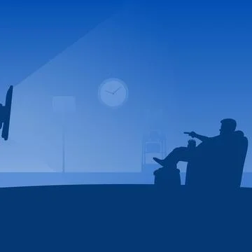 Man on sofa holding remote control in front of flat television Stock Illustration