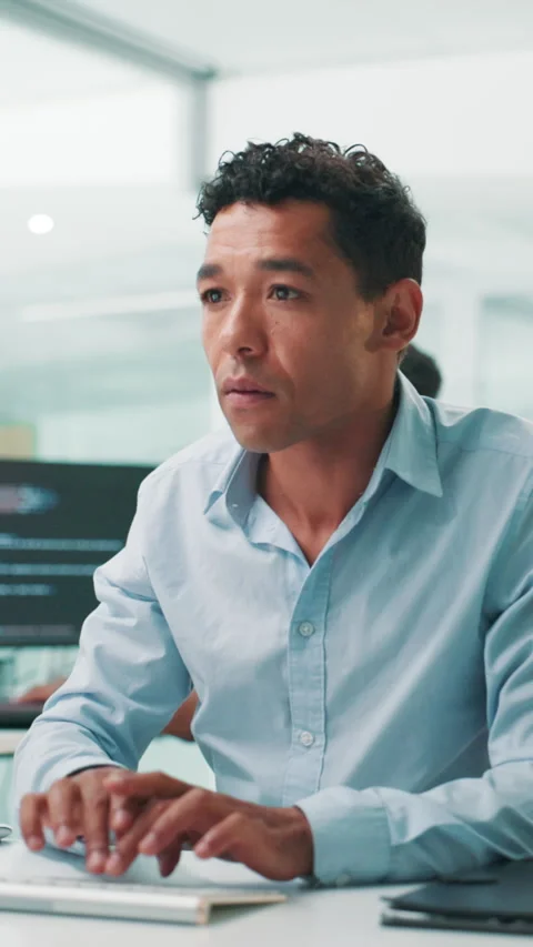 Man, software developer or thinking with computer for problem solving, UI design Stock Footage 307414076