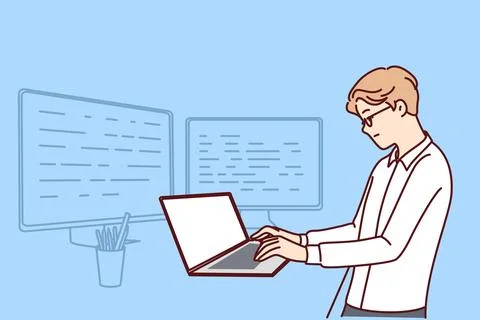 Man software developer is standing at table with laptop and monitors creating Stock Illustration