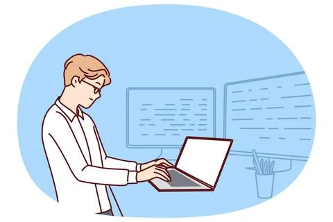 Man software developer is standing at table with laptop and monitors creating イラスト素材