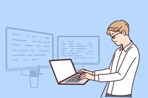 Man software developer is standing at table with laptop and monitors creating 스톡 일러스트