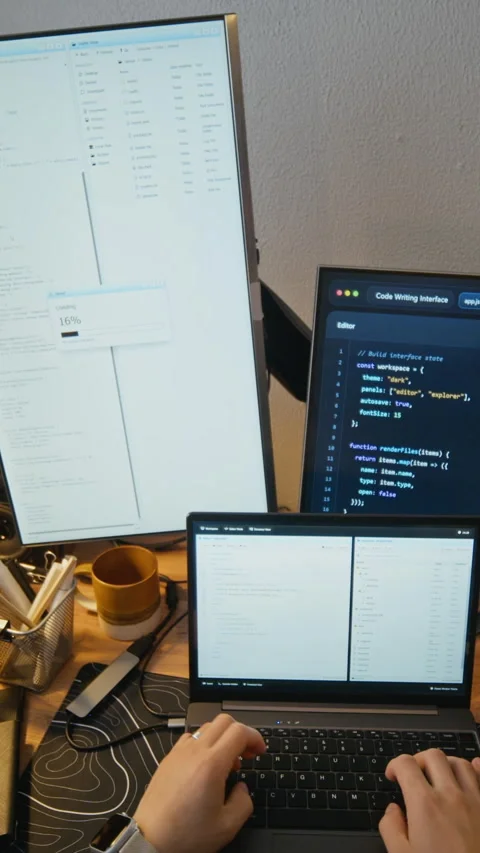Man Software Developer Typing Code on Laptop with Dual Monitors Stock Footage 338421556