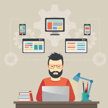 Man software engineer concept with design, optimization, responsive and Stock Illustration