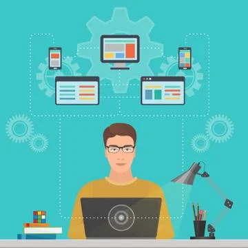 Man software engineer programmer with laptop concept with design, optimization Stock-Illustration