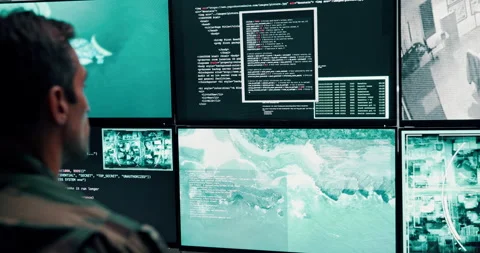Man, soldier and computer screen of security safety, military air control and Stock Footage 303556473