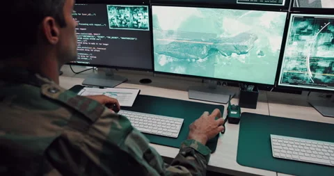 Man, soldier and typing with computer screen in control room, military battle Stock Footage 303613862