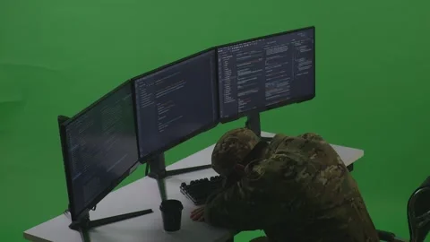 Man Soldier Developer Sleeping While Write Code With Multiple Computer Screens Vídeos de archivo 252275590