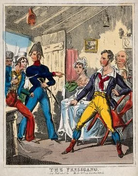 A man in a soldier's uniform is instructing men with cutlasses to remove a .. Stockillustratie